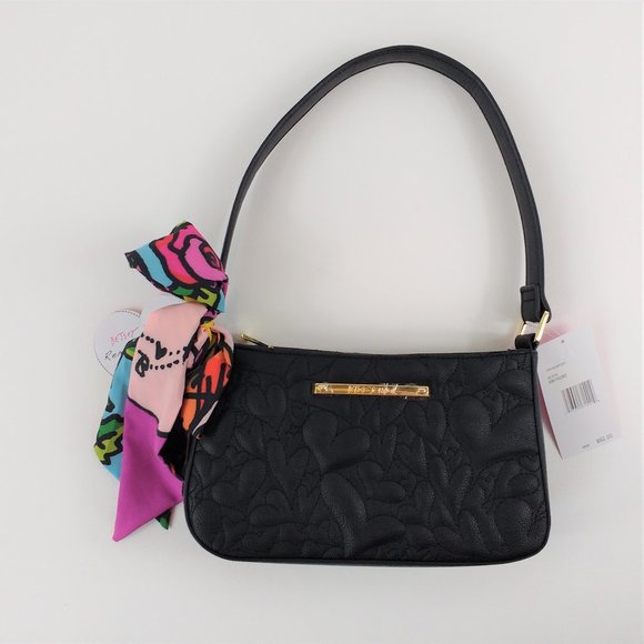 Betsey Johnson Handbags - Betsey Johnson Black Quilted Hearts Crossbody with Scarf